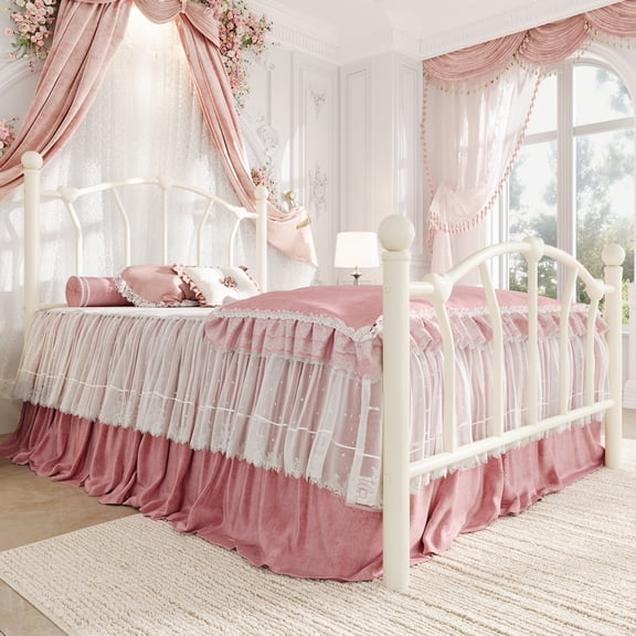 Amolife Twin Bed Frame, Metal Platform Bed with Heart-Shaped Headboard and Footboard, 12.6'' Under-Bed Storage Space, No Box Spring Needed, Cream White