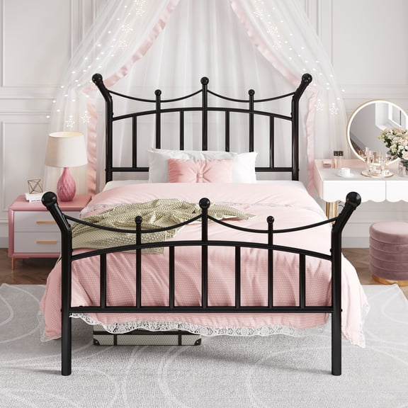 Amolife Twin Bed Frame, Metal Platform Bed with Crown-Shaped Headboard and Footboard, 12.6'' Under-Bed Storage Space, No Box Spring Needed, Black