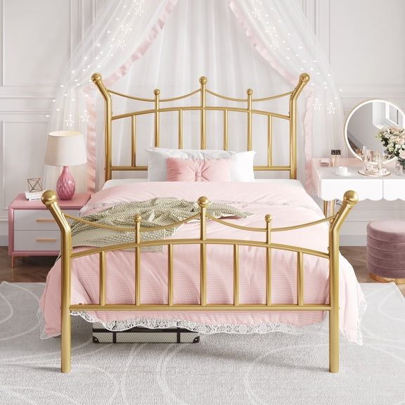 Amolife Twin Bed Frame, Metal Platform Bed with Crown-Shaped Headboard and Footboard, 12.6'' Under-Bed Storage Space, No Box Spring Needed, Gold