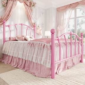 Amolife Twin Bed Frame, Metal Platform Bed with Heart-Shaped Headboard and Footboard, 12.6'' Under-Bed Storage Space, No Box Spring Needed, Pink