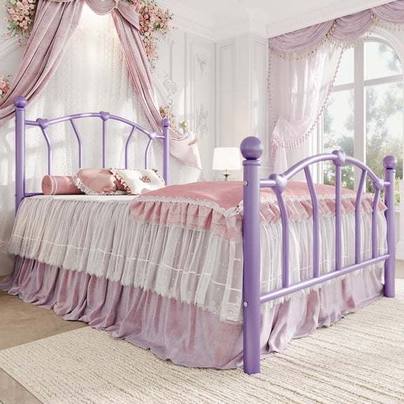 Amolife Twin Bed Frame, Metal Platform Bed with Heart-Shaped Headboard and Footboard, 12.6'' Under-Bed Storage Space, No Box Spring Needed, Purple