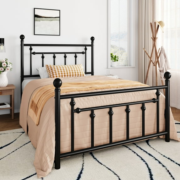 Amolife Twin Bed Frame, Metal Platform Bed with Vintage Headboard & No Box Spring Needed, Black