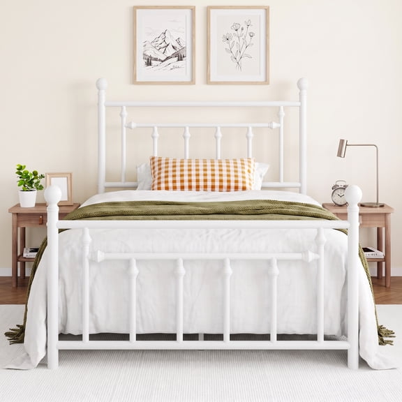 Amolife Twin Bed Frame, Metal Platform Bed with Vintage Headboard & No Box Spring Needed, White