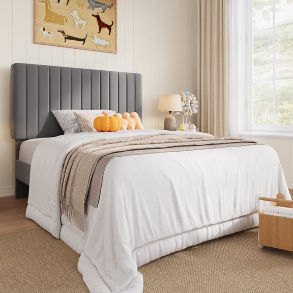 Amolife Twin Bed Frame, Modern Upholstered Platform Bed Frame with Adjustable Velvet Headboard, Heavy Duty, Light Grey