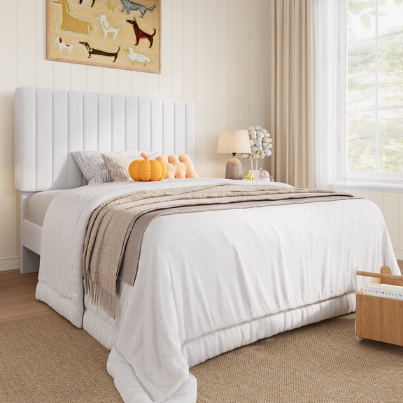 Amolife Twin Bed Frame, Modern Upholstered Platform Bed Frame with Adjustable Velvet Headboard, Heavy Duty, Off-White