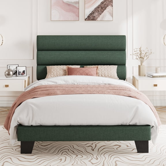Amolife Twin Bed Frame, Platform Bed Frame with Chenile Fabric Upholstered Slat Headboard, Green
