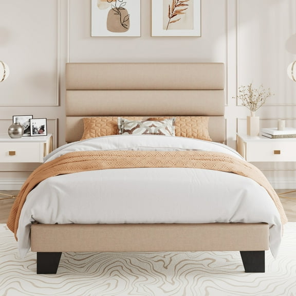 Amolife Twin Bed Frame, Platform Bed Frame with Fabric Upholstered Slat Headboard, Beige
