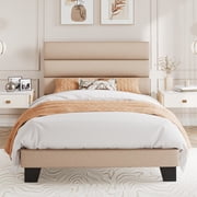 Amolife Twin Bed Frame, Platform Bed Frame with Fabric Upholstered Slat Headboard, Beige