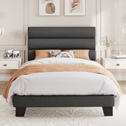 Amolife Twin Bed Frame, Platform Bed Frame with Fabric Upholstered Slat Headboard, Dark Grey