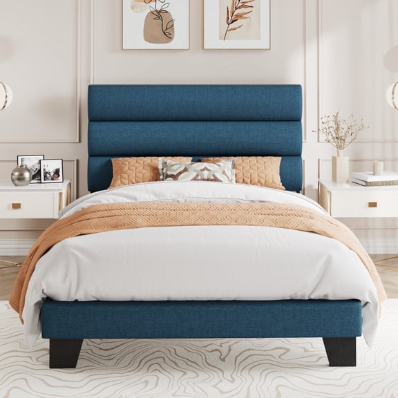 Amolife Twin Bed Frame, Platform Bed Frame with Fabric Upholstered Slat Headboard, Navy Blue