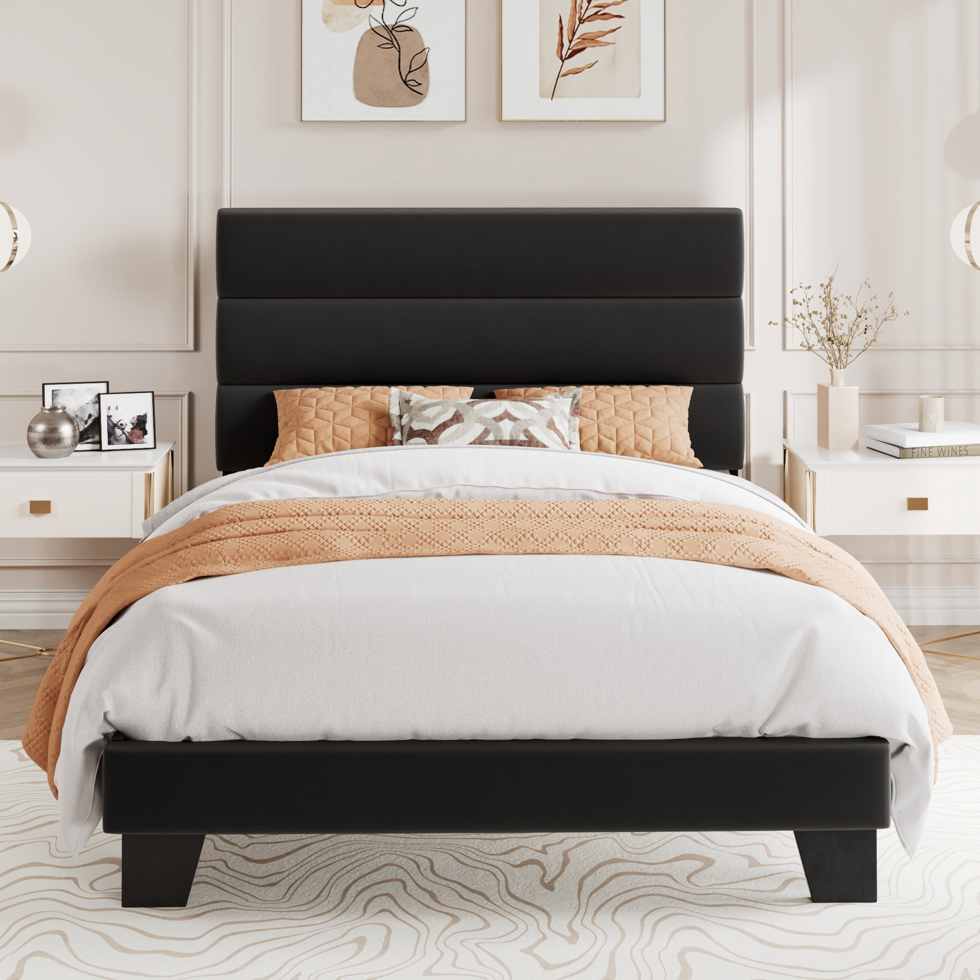 Amolife Twin Bed Frame, Platform Bed Frame with Velvet Upholstered Slat Headboard, Black