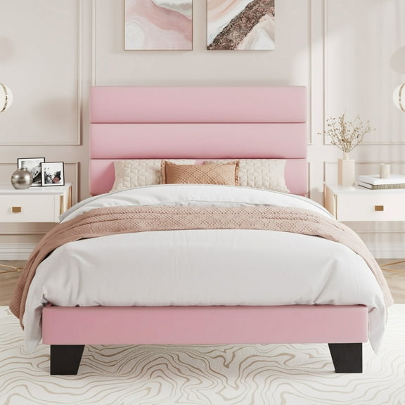 Amolife Twin Bed Frame, Platform Bed Frame with Velvet Upholstered Slat Headboard, Pink