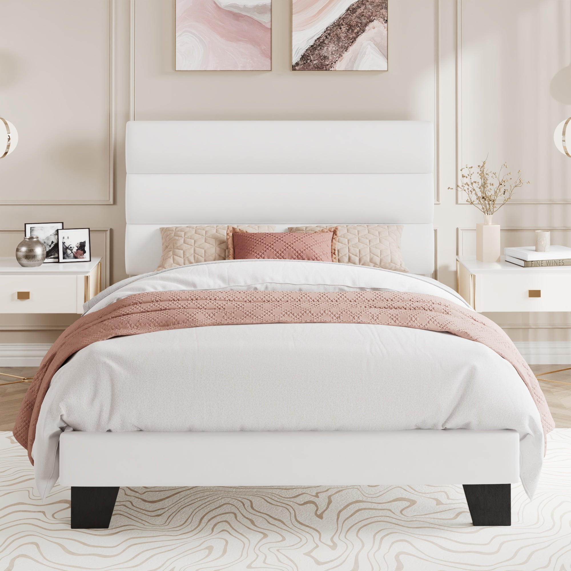 Amolife Twin Bed Frame, Platform Bed Frame with Velvet Upholstered Slat Headboard, White