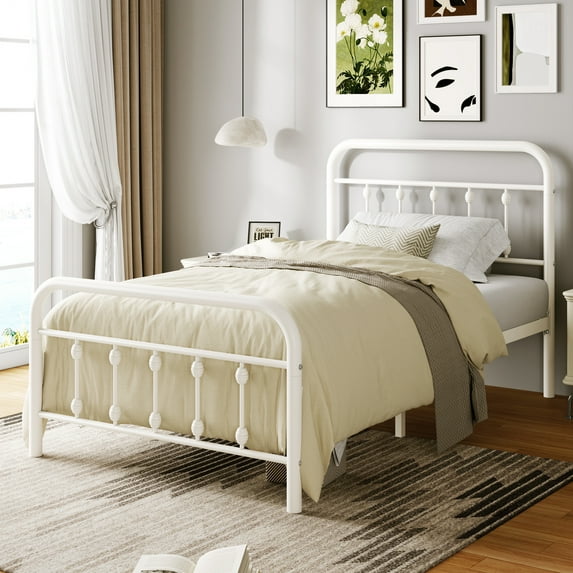 Amolife Twin Size Metal Platform Bed Frame with Vintage Headboard & 12.6" Under-Bed Storage, White