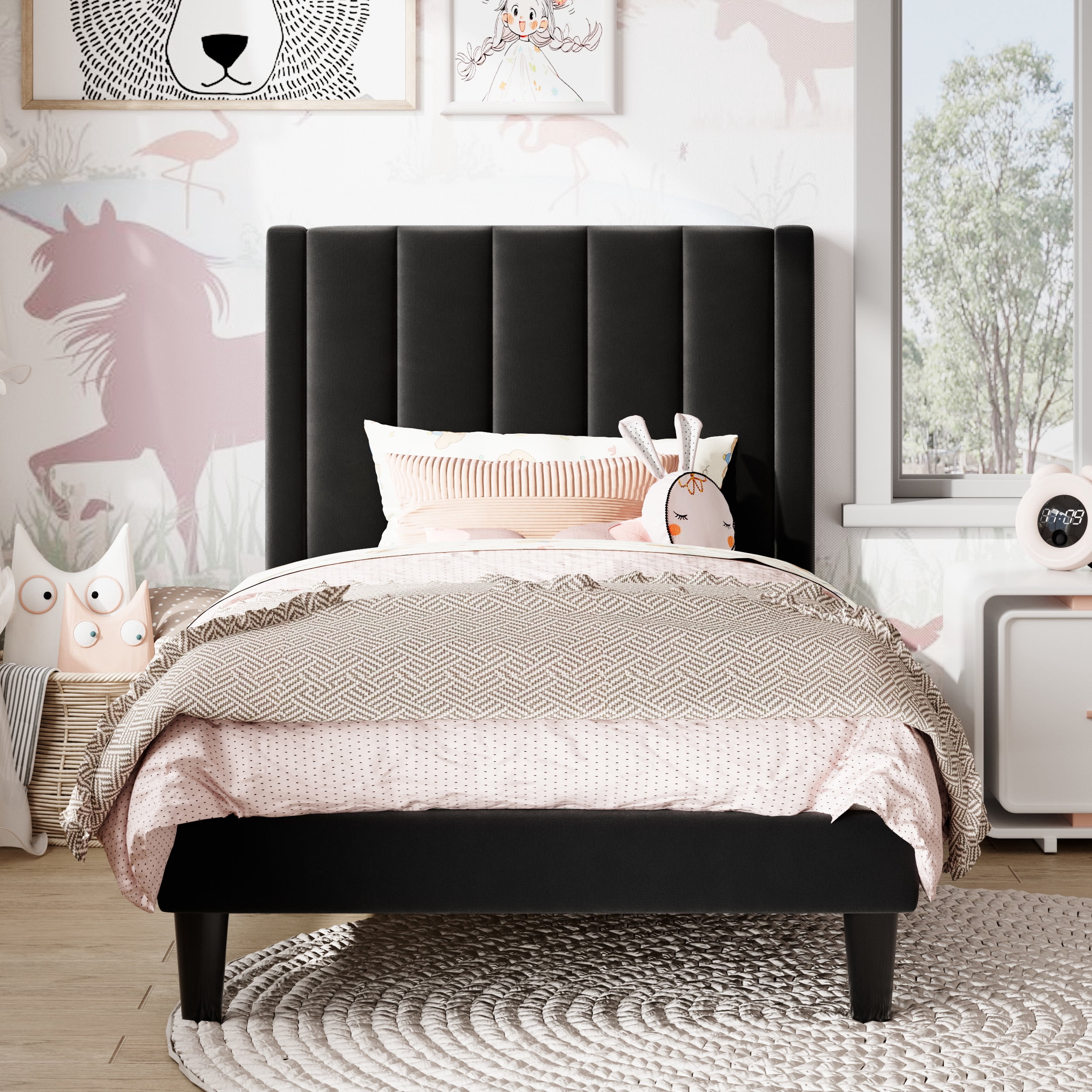 Amolife Twin Bed Frame, Upholstered Bed Frame with Velvet Vertical Channel Tufted Headboard, Black
