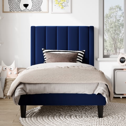 Amolife Twin Bed Frame, Upholstered Bed Frame with Velvet Vertical Channel Tufted Headboard, Blue
