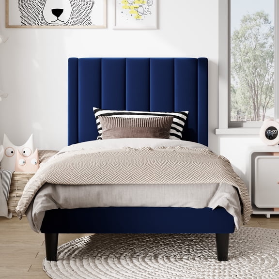 Amolife Twin Bed Frame, Upholstered Bed Frame with Velvet Vertical Channel Tufted Headboard, Blue