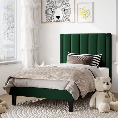 Amolife Twin Bed Frame, Upholstered Bed Frame with Velvet Vertical Channel Tufted Headboard, Green