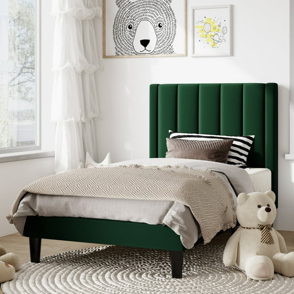 Amolife Twin Bed Frame, Upholstered Bed Frame with Velvet Vertical Channel Tufted Headboard, Green