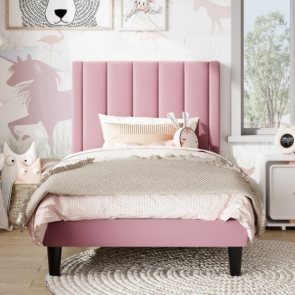 Amolife Twin Bed Frame, Upholstered Bed Frame with Velvet Vertical Channel Tufted Headboard, Pink
