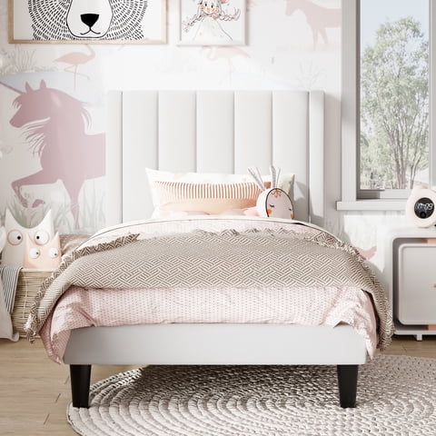 Amolife Twin Bed Frame, Upholstered Bed Frame with Velvet Vertical Channel Tufted Headboard, White