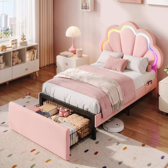 Amolife Twin Bed Frame with RGB LED Lights & Storage Drawer, Upholstered Platform Bed with Adjustable Headboard, Pink