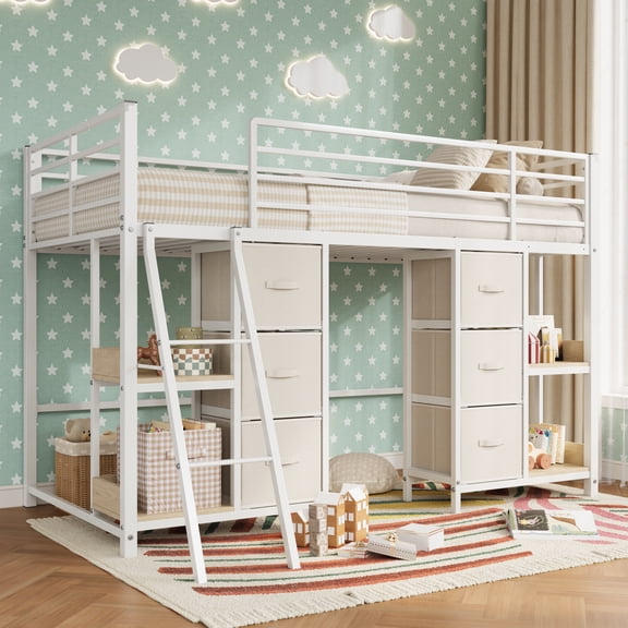 Amolife Twin Low Loft Bed with 6 Drawers and 4 Storage Shelves, Reinforced Frame, Ample Under-Bed Storage, White