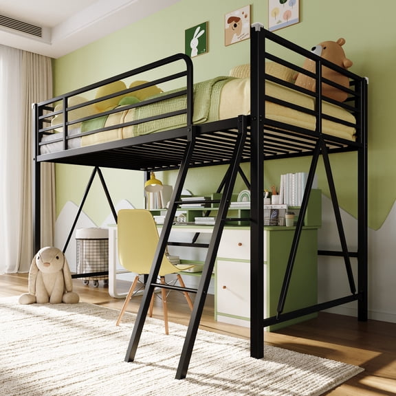 Amolife Twin Metal Loft Bed Frame with Ladder, High Loft Bed with Full-Length Safety Guardrails, Heavy Duty Space Saving Platform Bed, No Box Spring Needed, Black