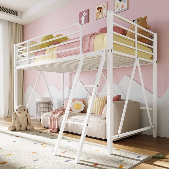 Amolife Twin Metal Loft Bed Frame with Ladder, High Loft Bed with Full-Length Safety Guardrails, Heavy Duty Space Saving Platform Bed, No Box Spring Needed, White