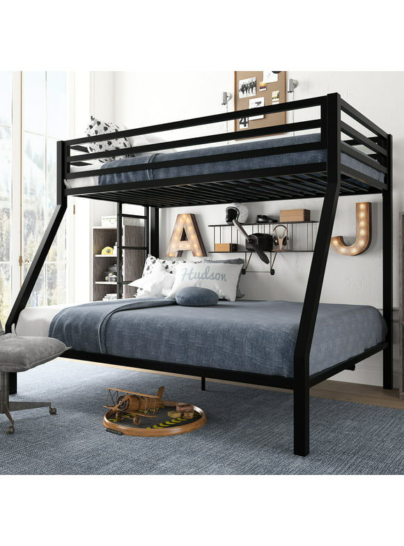 Amolife Twin Over Full Metal Bunk Bed with Removable Stairs, Full-Length Guardrail, Black