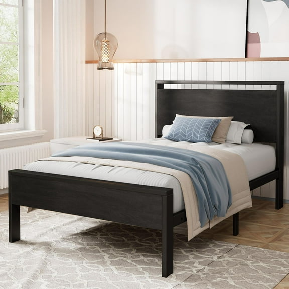Amolife Twin Size Bed Frame, Heavy Duty Metal Platform Bed with Wooden Headboard & Footboard, No Box Spring Needed, Black Oak