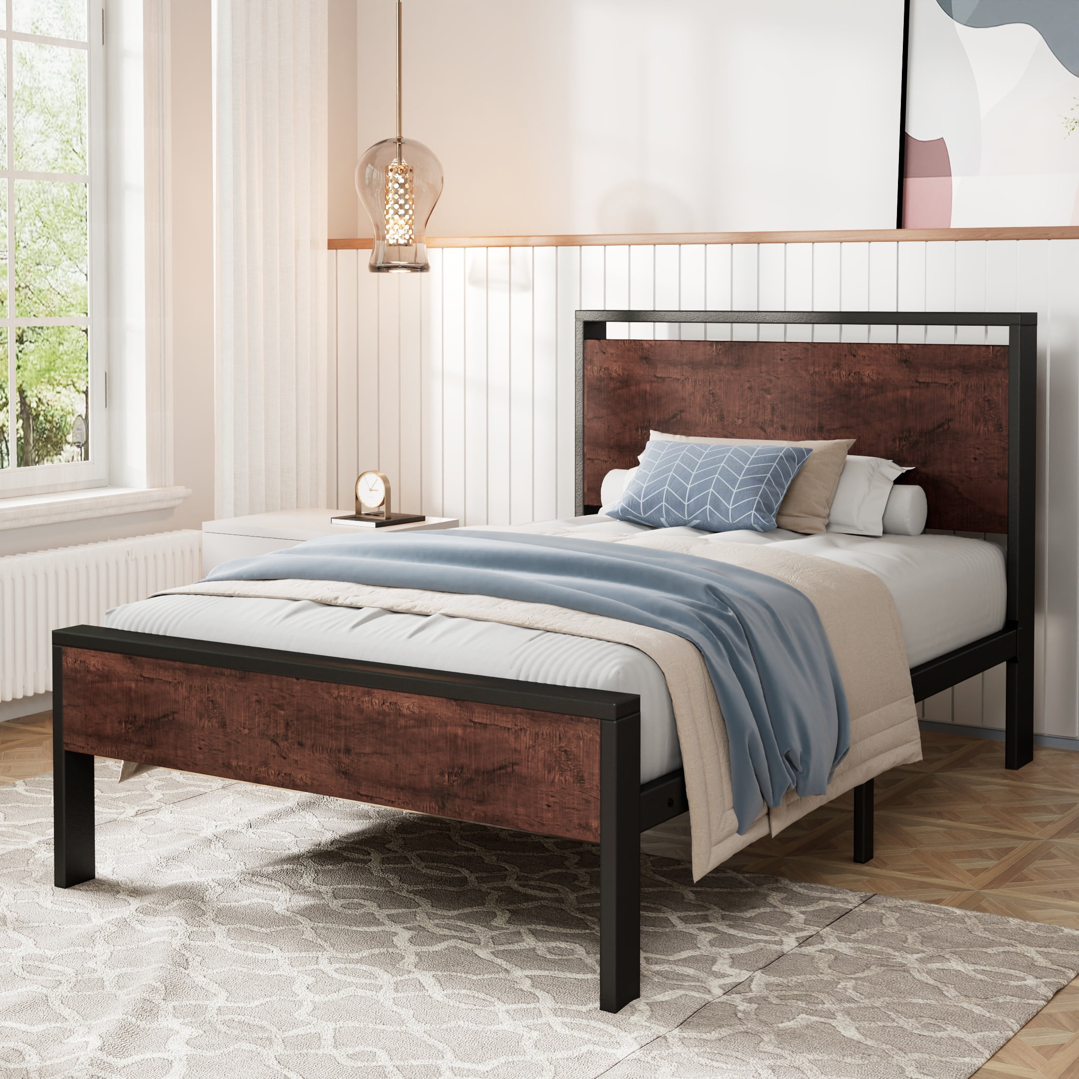 Amolife Twin Size Bed Frame, Heavy Duty Metal Platform Bed with Wooden Headboard & Footboard, No Box Spring Needed, Mahogany
