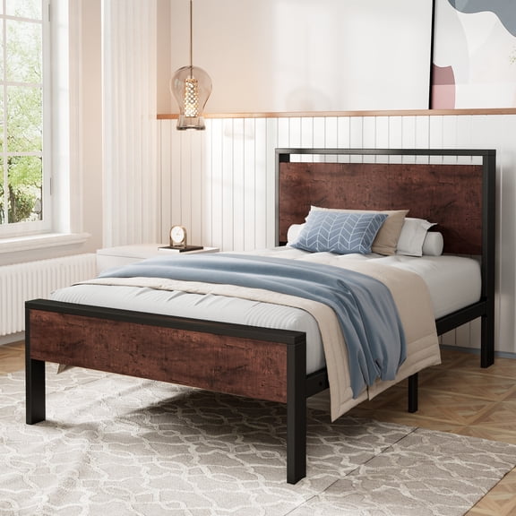 Amolife Twin Size Bed Frame, Heavy Duty Metal Platform Bed with Wooden Headboard & Footboard, No Box Spring Needed, Mahogany