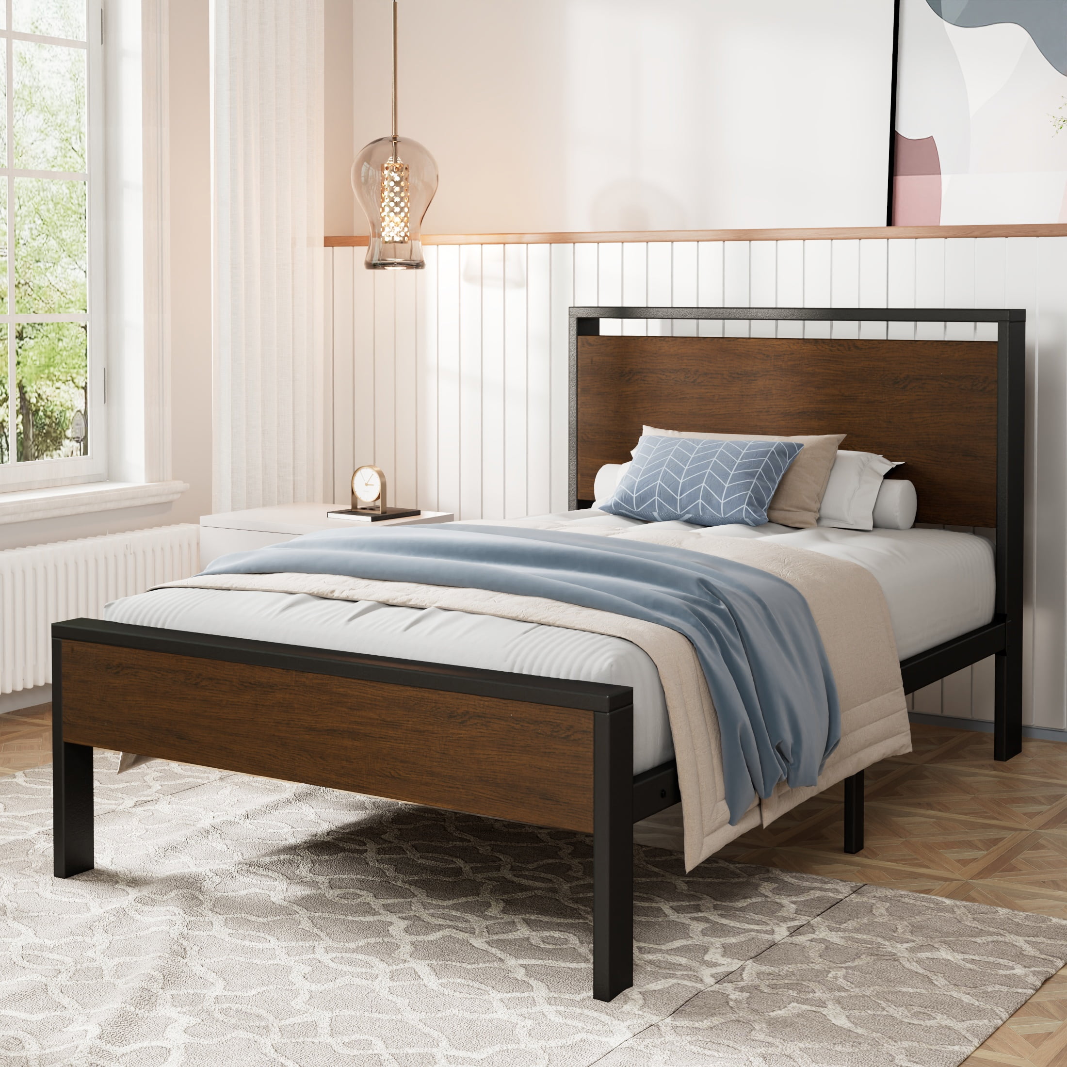 Amolife Twin Size Bed Frame, Heavy Duty Metal Platform Bed with Wooden Headboard & Footboard, No Box Spring Needed, Walnut