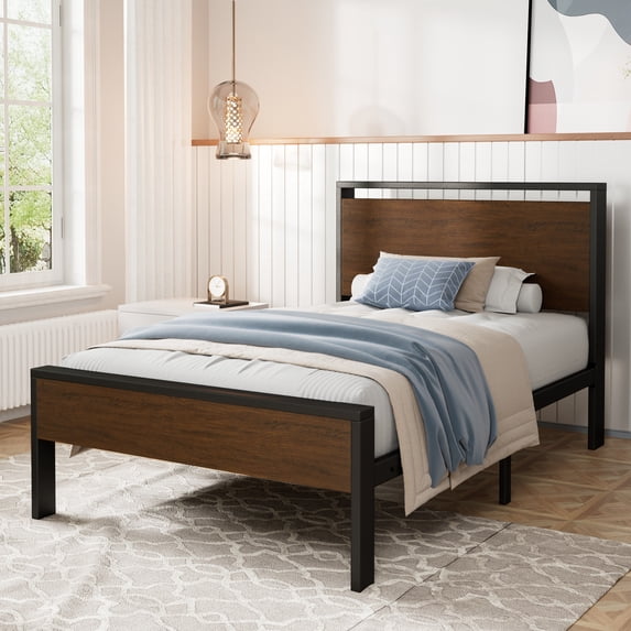 Amolife Twin Size Bed Frame, Heavy Duty Metal Platform Bed with Wooden Headboard & Footboard, No Box Spring Needed, Walnut