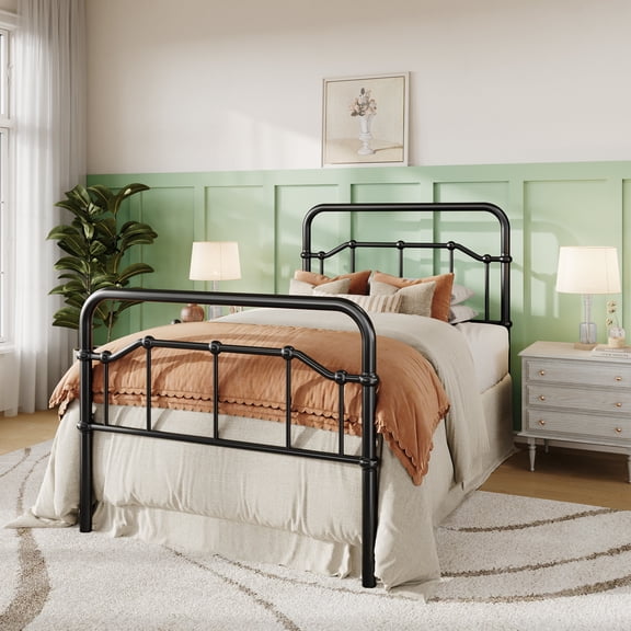 Amolife Twin Size Bed Frame, Metal Platform Bed with Vintage Headboard&Footboard, No Box Spring Required, Easy Assembly, Black