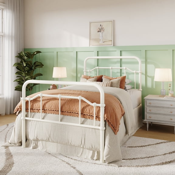Amolife Twin Size Bed Frame, Metal Platform Bed with Vintage Headboard&Footboard, No Box Spring Required, Easy Assembly, White