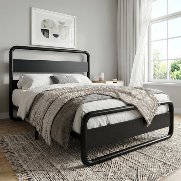 Amolife Twin Size Bed Frame with Rounded-Edge Headboard and Footboard, Sturdy Construction, No Box Spring Required, Black