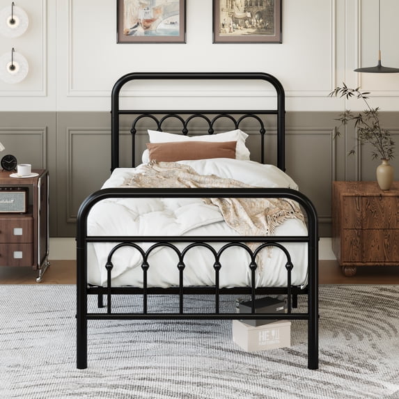 Amolife Twin Size Elegant Metal Platform Bed with a Retro and Curved Iron-Art Headboard, Black