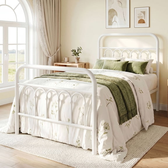 Amolife Twin Bed Frame, Metal Platform Bed with Vintage Curved Iron-Art Headboard, Easy Assembly, White