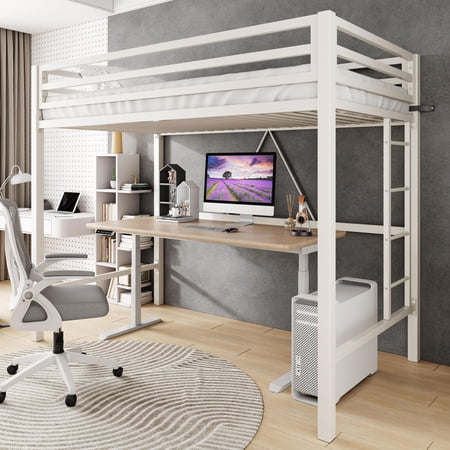 Amolife Twin Size Loft Bed Frame, Metal Bunk Bed with Removable Ladder and Full-Length Guardrail, Safe Heavy-Duty Frame, White