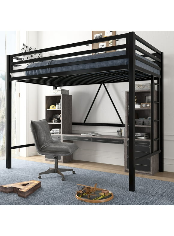 Amolife Twin Size Heavy Duty Metal Loft Bed with Removable Stairs & Fullength Guardrail, Black