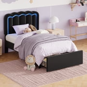 Amolife Twin Size LED Bed Frame with Drawer, Platform Bed with Velvet Upholstered Adjustable Wavy Headboard, Black