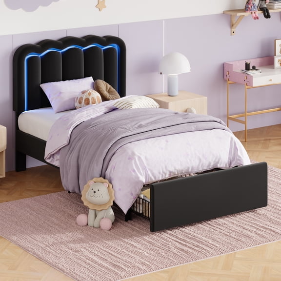 Amolife Twin Size LED Bed Frame with Drawer, Platform Bed with Velvet Upholstered Adjustable Wavy Headboard, Black