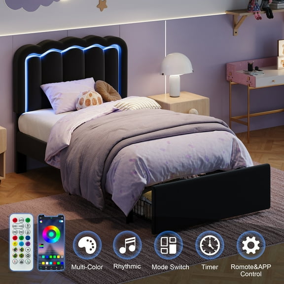 Amolife Twin Size LED Bed Frame with Drawer, Platform Bed with Velvet Upholstered Adjustable Wavy Headboard, Black