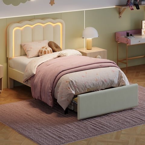Amolife Twin Size LED Bed Frame with Drawer, Velvet Upholstered Platform Bed Frame with Adjustable Wavy Headboard , Cream