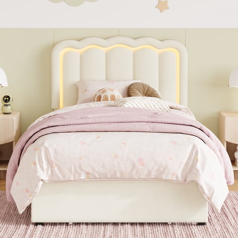 Amolife Twin Size LED Bed Frame with Drawer, Velvet Upholstered Platform Bed Frame with Adjustable Wavy Headboard , Cream