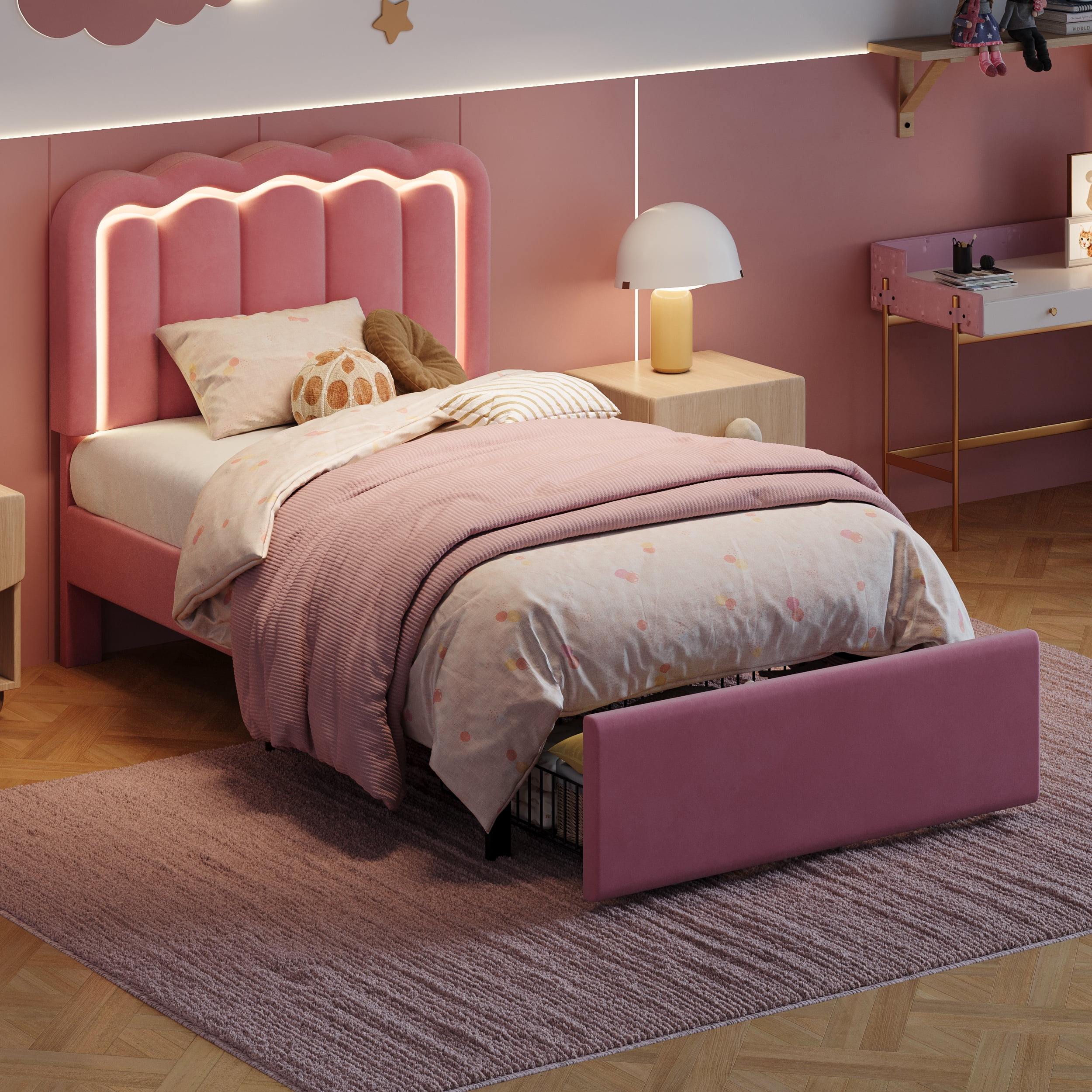 Amolife Twin Size LED Bed Frame with Drawer, Platform Bed with Velvet Upholstered Adjustable Wavy Headboard, Pink