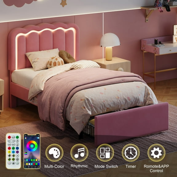 Amolife Twin Size LED Bed Frame with Drawer, Platform Bed with Velvet Upholstered Adjustable Wavy Headboard, Pink