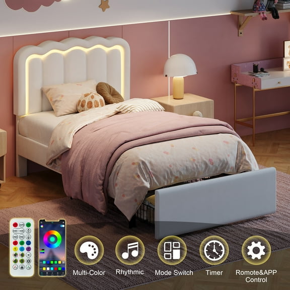 Amolife Twin Size LED Bed Frame with Drawer, Platform Bed with Velvet Upholstered Adjustable Wavy Headboard, White